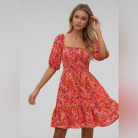 Shirred Floral Print Square Neck Puff Sleeve Dress - Picture 2 of 7